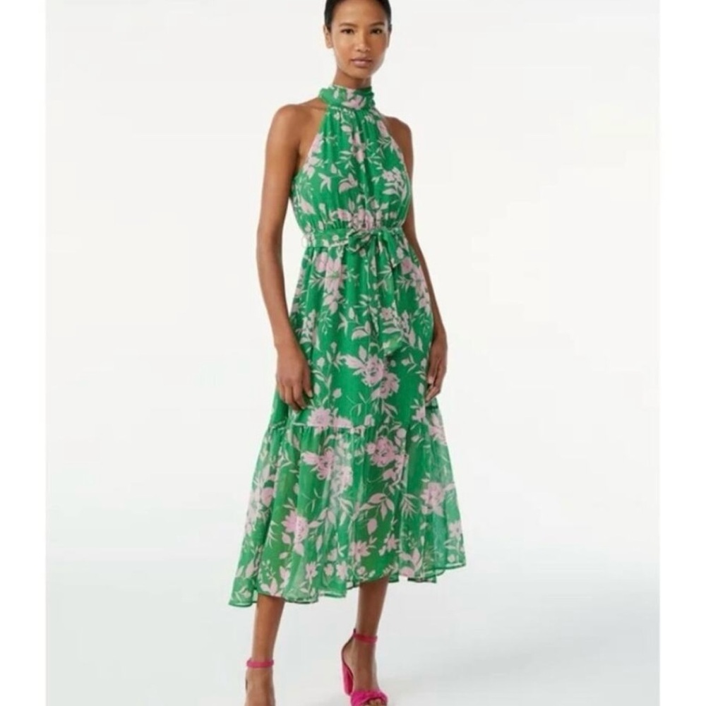 Scoop for Walmart Floral Green Midi Halter Dress